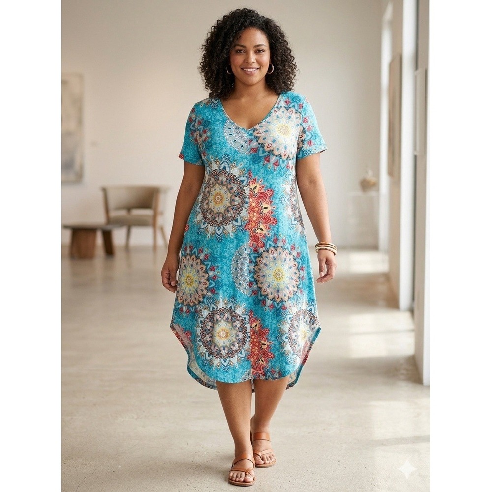 Women's‎ Casual Short Sleeve Turquoise Geometric Medallion T-Shirt Dress